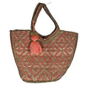 America & Beyond Large Jute Woven Straw Beach Bag Travel Tote Boho Coral Tan